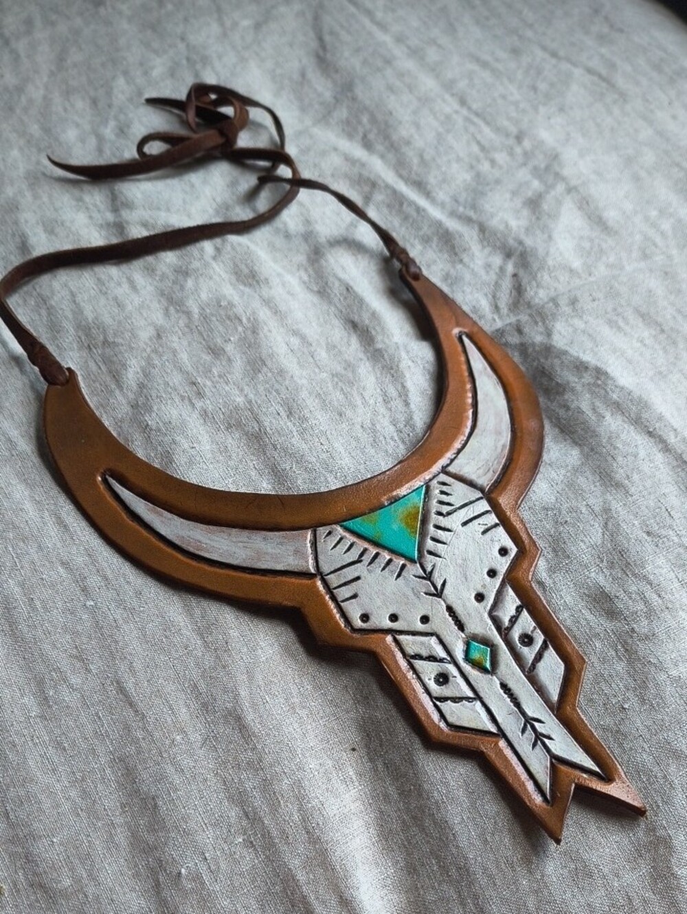 Handmade Allie Falcon Steer Skull Necklace Genuine Leather Limited Edition - Picture 4 of 12
